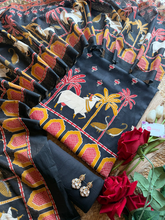 Pichwai village scene jaam cotton suit set