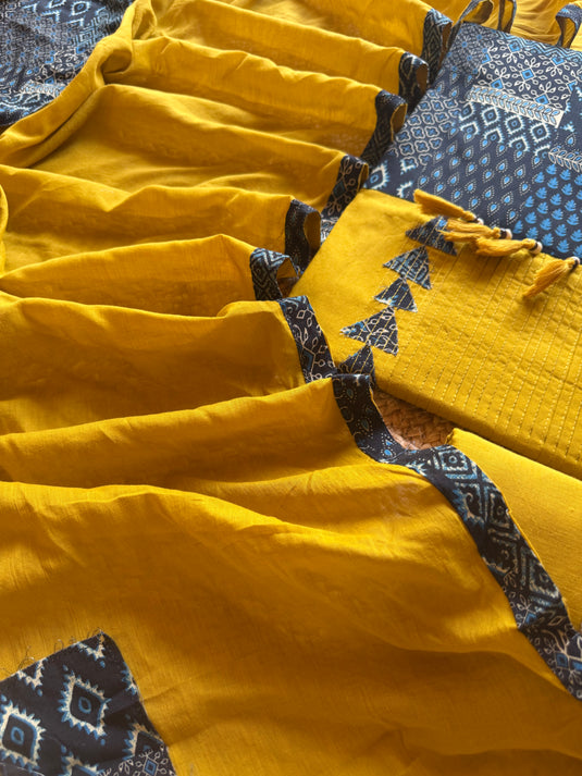 Yellow navy handloom cotton tassel neck suit set