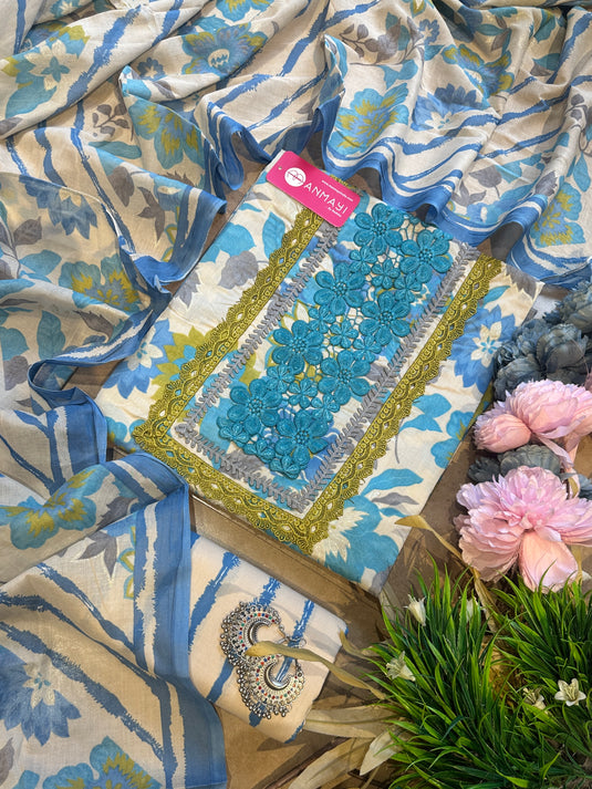 Bright floral cambric cotton crochet neck suit set