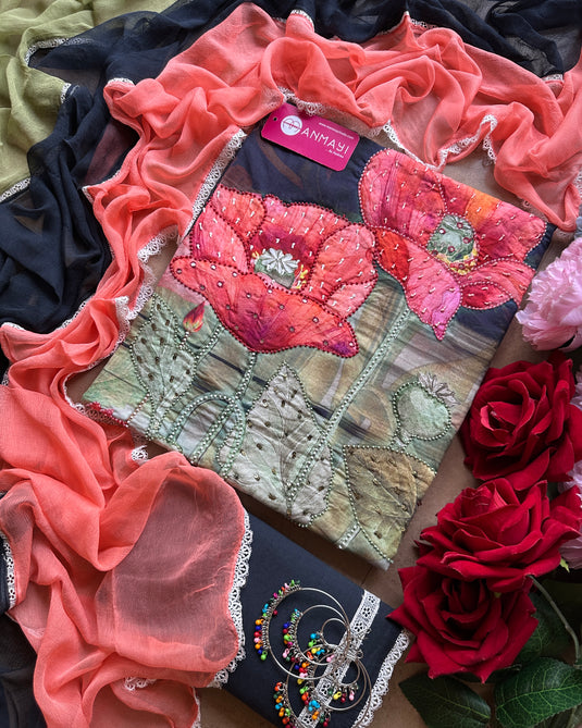 Bright festive printed cotton suit with highlights and tricolour dupatta