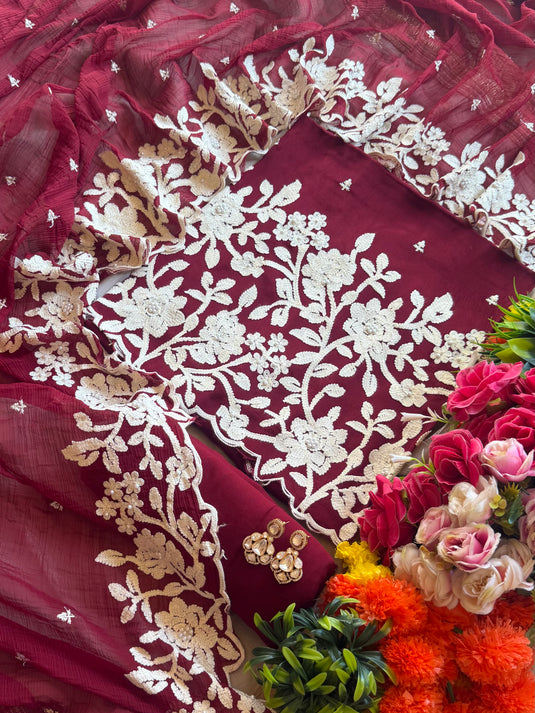 Chinnon thread work maroon suit set