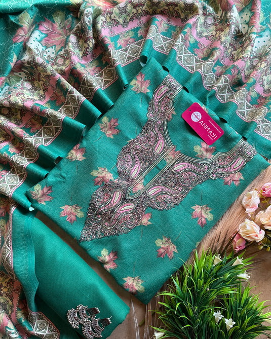 Aari work leafy print spun shawl suit set