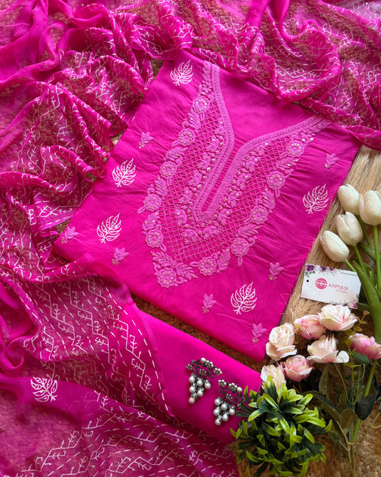 Lucknawi Chikankari fuchsia pink suit set with chiffon dupatta