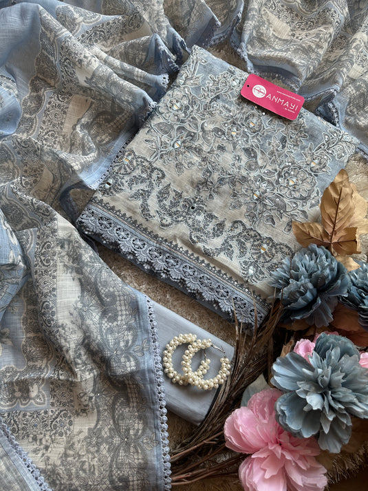 Printed linen Chanderi suits with highlighted thread and mirror details