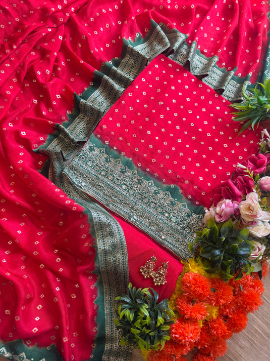 Dolla Silk Bandhani shaded embroidered suit set