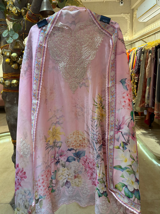 Digital European flowers pure organza suit set