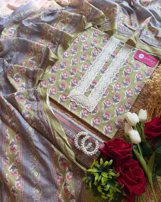 Cambric cotton casual printed suit set with laces