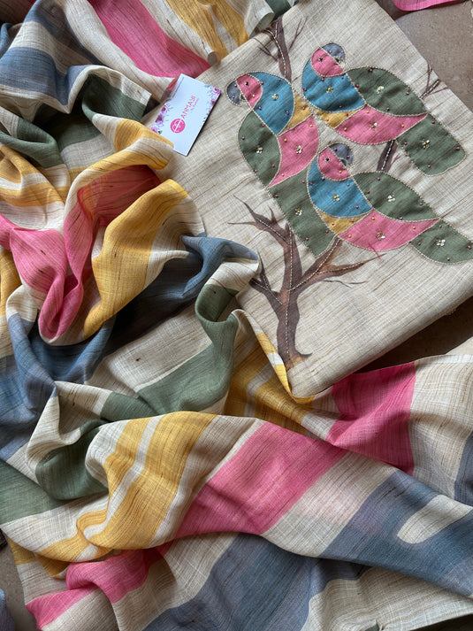Linen cotton parrot print suit with coloured dupatta