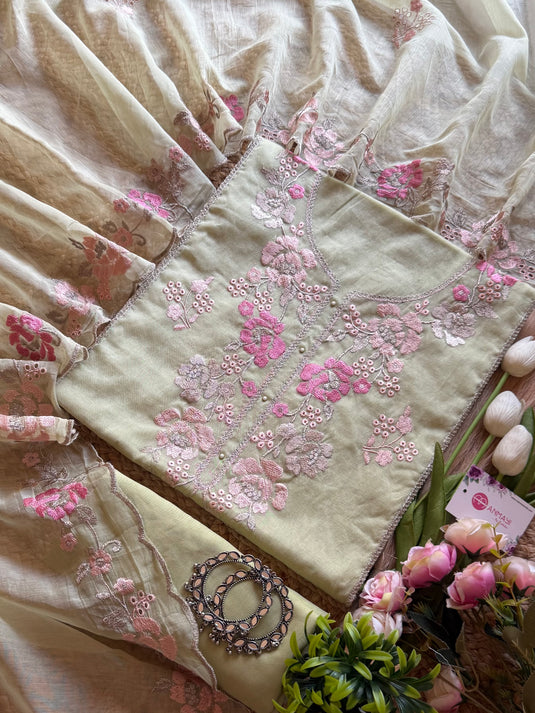 Mul Chanderi pastel hakooba impression embroidered suit set