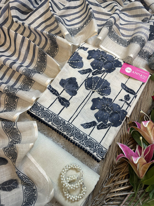 Pure linen beige black Kantha highlights suit