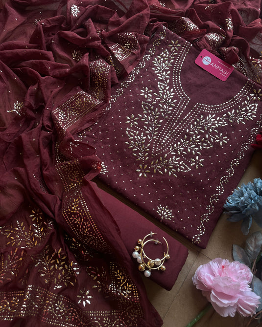 Kurta v neck bright Mukaish Mul Chanderi suit set