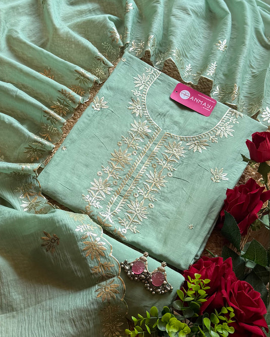 Pita work sunflower Mul Chanderi suit set