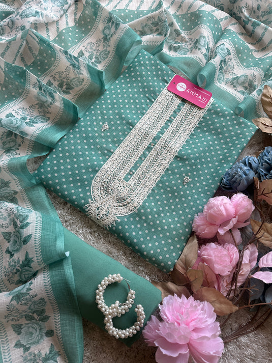 Polka dots printed linen suits with digital dupatta