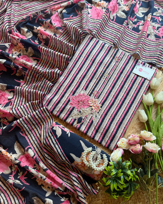 Navy blue floral cambric cotton suit set with printed bottom