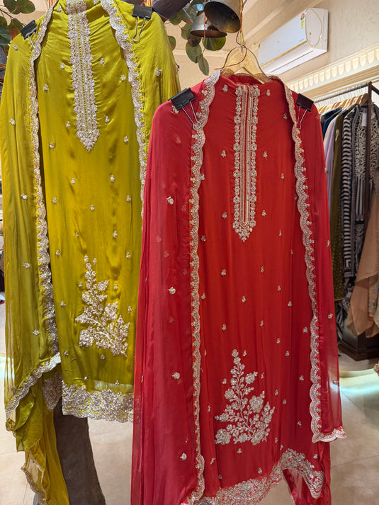 Fine Chinnon embroidered suit set with chiffon dupatta