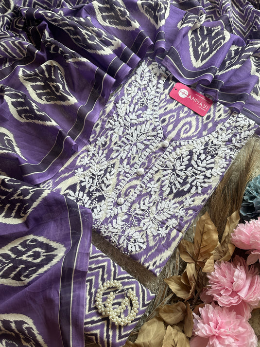 Ikkat print chikan neck soft cotton suit set