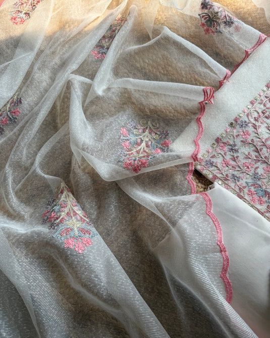 Kota Doria white feather work suit set