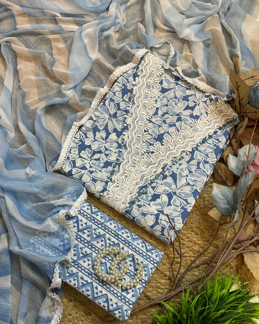 Crochet mirror v neck printed cotton suit set with chiffon dupatta