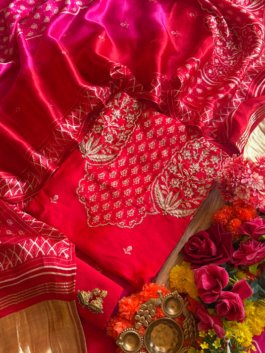 Red Hot Pink Gajji Silk suit set