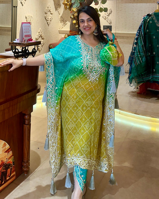 Shaded Bandhani tassel pure crepe gotta work kaftans