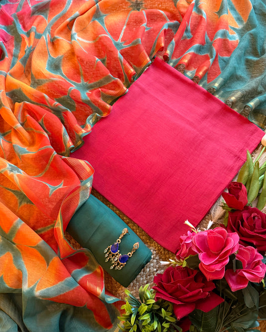 Ombré shaded pure mul chanderi suit with contrast bottom and Shibori dyed dupatta