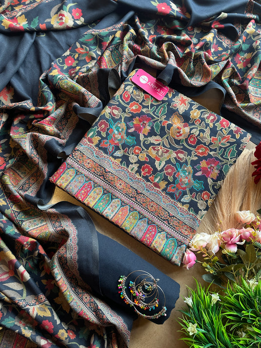 Aari work outline alpine pashmina coloured suit set