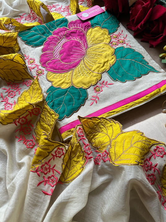 Appliqué work pure mul chanderi suit with cutwork dupatta