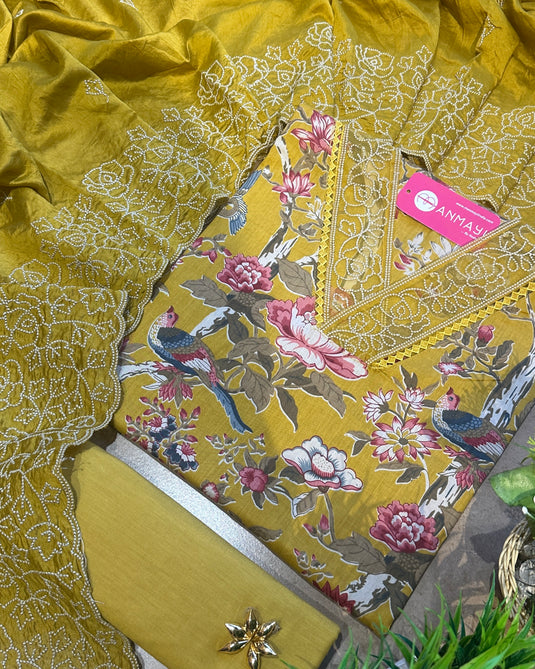 Organza patched printed cotton suit set with cotton silk embroidered dupatta