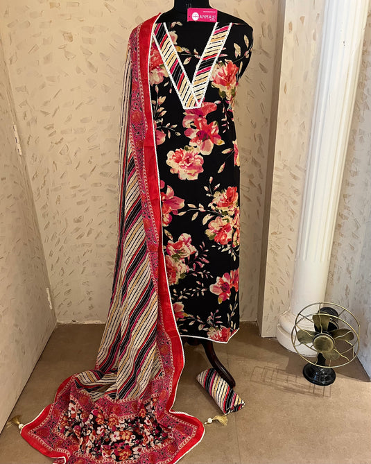 V neck printed floral suit set with print cotton salwar