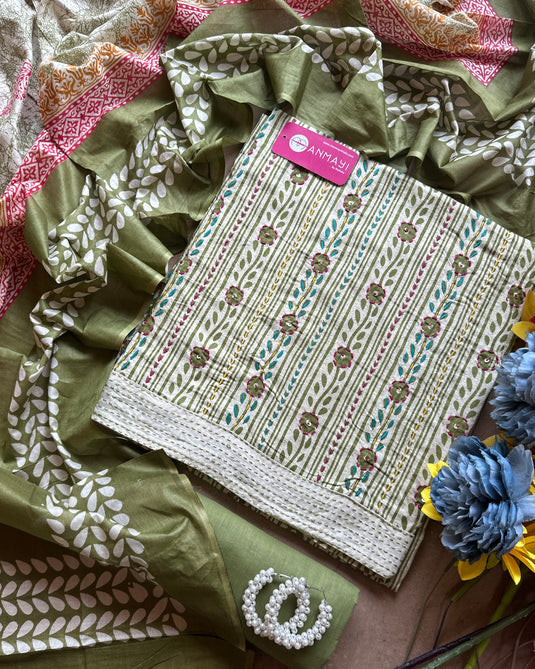 Katha work printed cambric cotton suit set