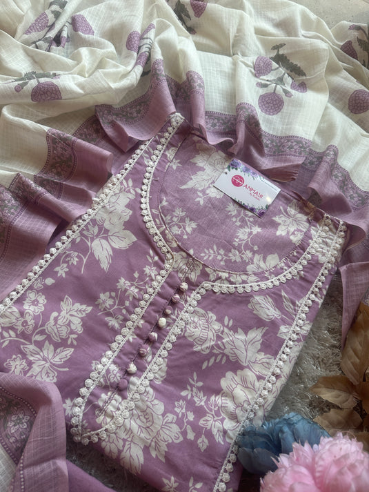 Pure cotton floral lace work suit with soft kota doria dupatta