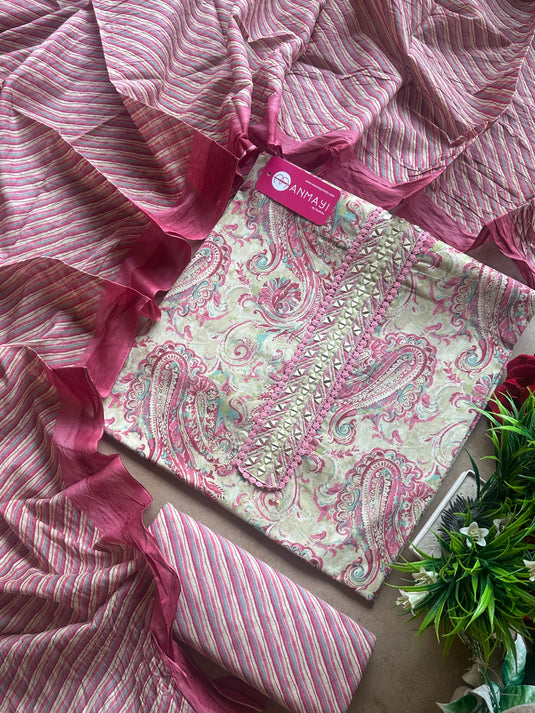 Cambric cotton ambi print suit set with cotton stripes dupatta