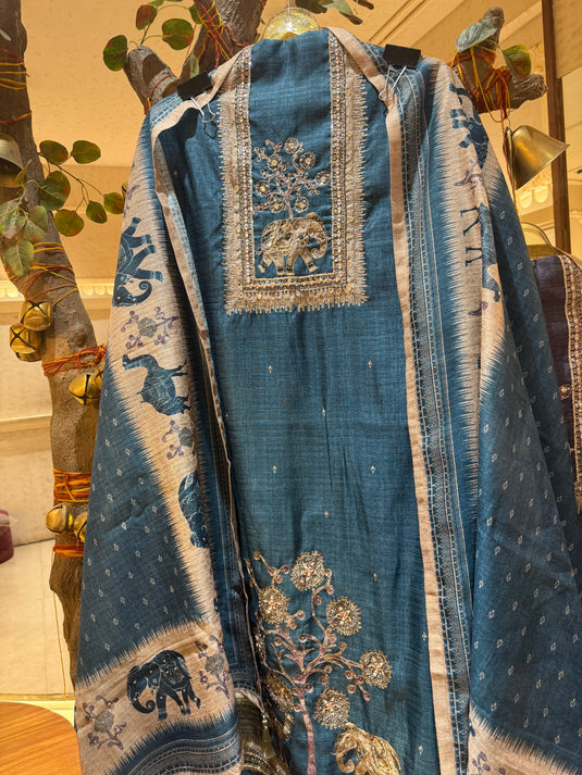 Highlighted Khadi Chanderi figure print suit set