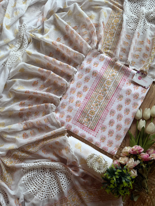 Block print cream cotton suit set with crochet cotton dupatta
