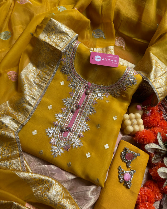 Gotta work pure tissue suit sets with Banarasi detailing