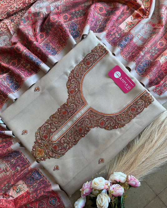 Aari work woollen suit set with highlighted