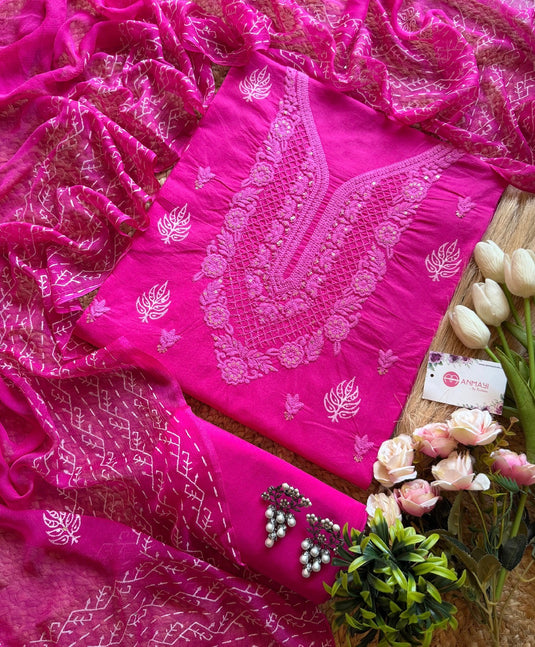 Lucknawi Chikankari fuchsia pink suit set with chiffon dupatta