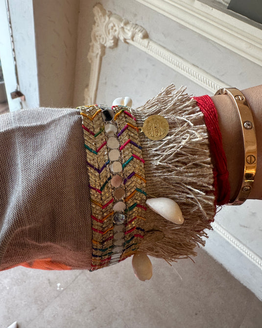 Neon beige cotton silk weaving coord set with boho lace