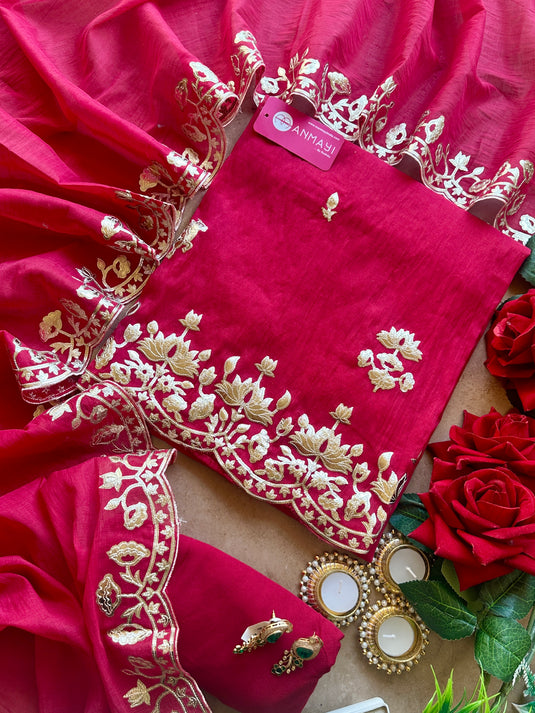 Leather work festive Mul Chanderi suit set