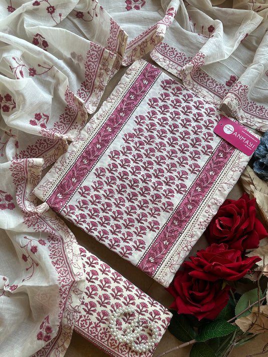 Panel block print suit embroidered suit with embroidered cotton dupatta