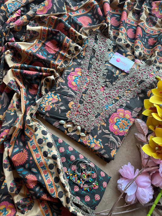 Crochet work pure cotton floral suit set with cotton dupattas