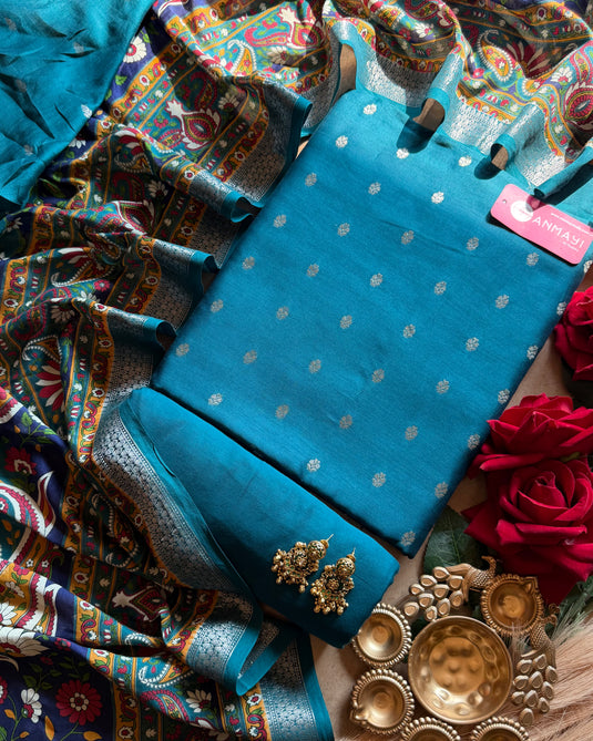 Peacock banarasi pure silk suit with print dupatta