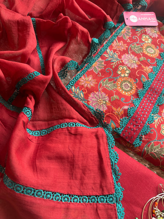 Cotton floral print lace work suit set