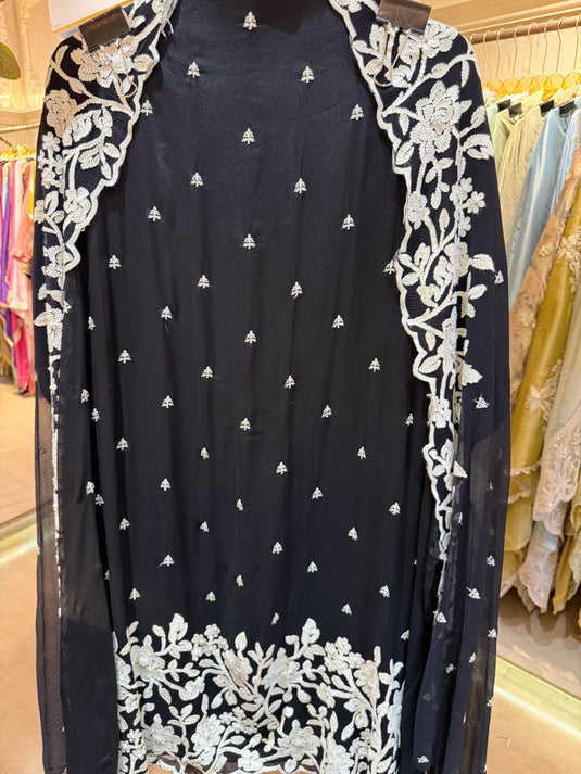Pakistani patterned aari work black fine chinnon suit set