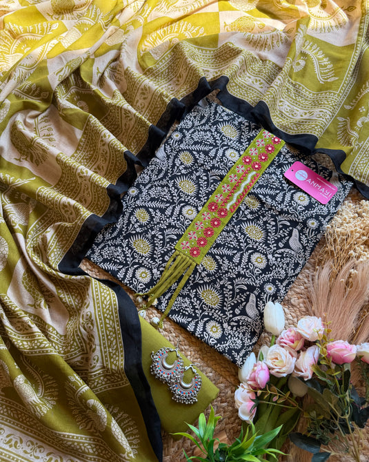 Stem print black combination cotton suit set