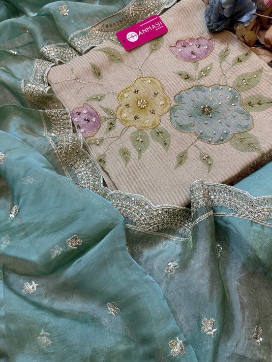 Appliqué work shimmer lines organza suit with embroidered dupatta