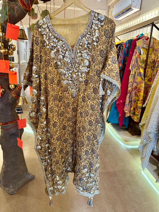 Mustard upada silk gotta work kaftan with tassels
