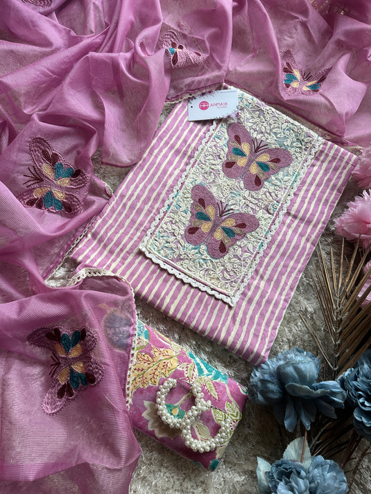 Butterfly motif printed cambric cotton suit set