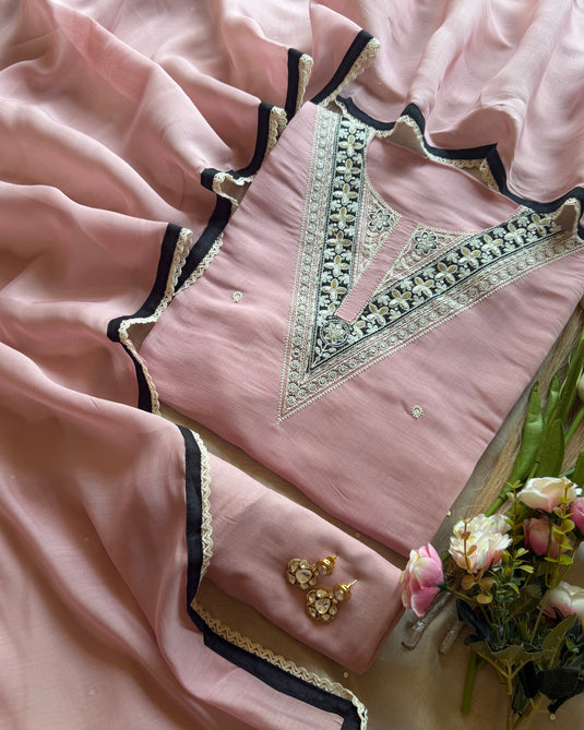 Black patched dori neck soft mul chanderi suit set