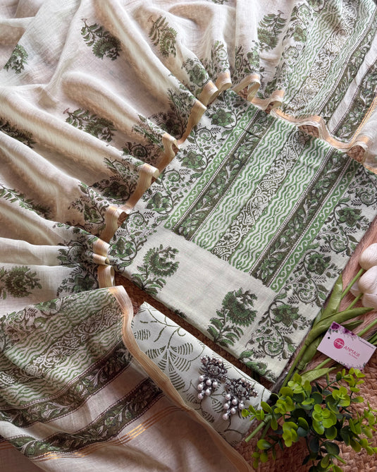 Mughal floral booti block print pure Mul Chanderi suit set